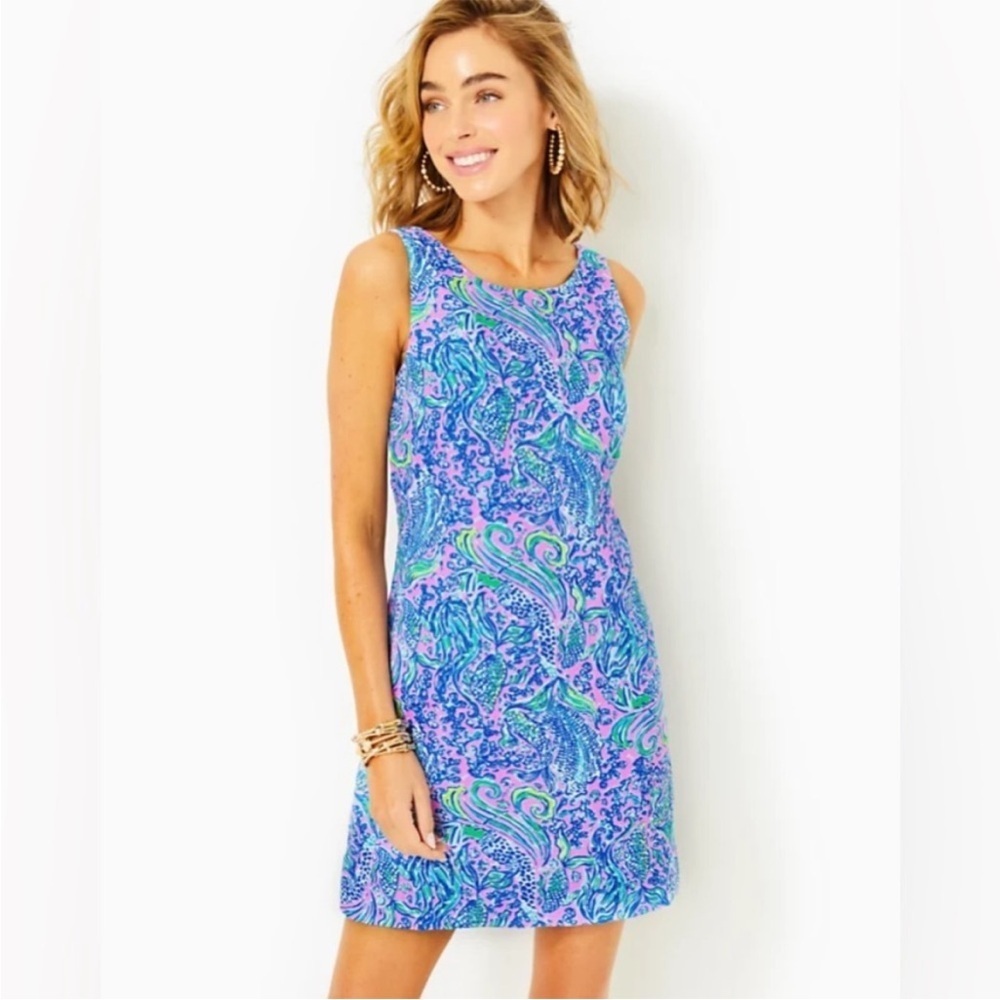 Lilly Pulitzer Maurina Blue Mermaid Sea Print Lagoon Linen Shift Dress